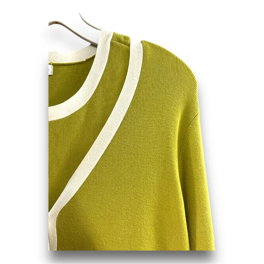 CHARTER CLUB Vintage Y2K Olive green white trim cardigan and tank top SZ L - Picture 12 of 16